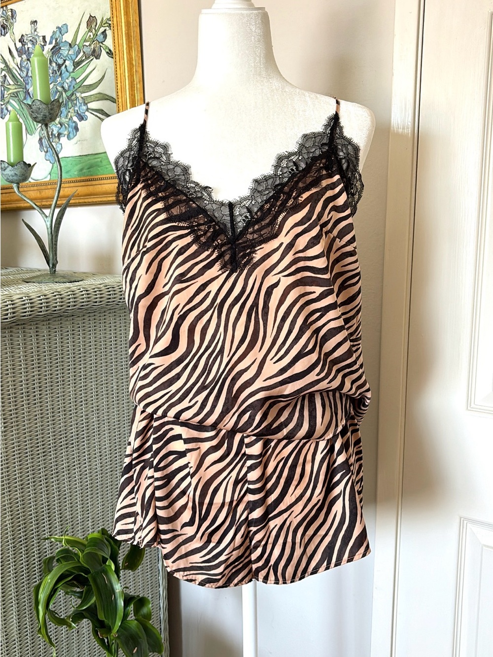 H&M Tan Zebra-Print Lace Trim Cami & Short Set